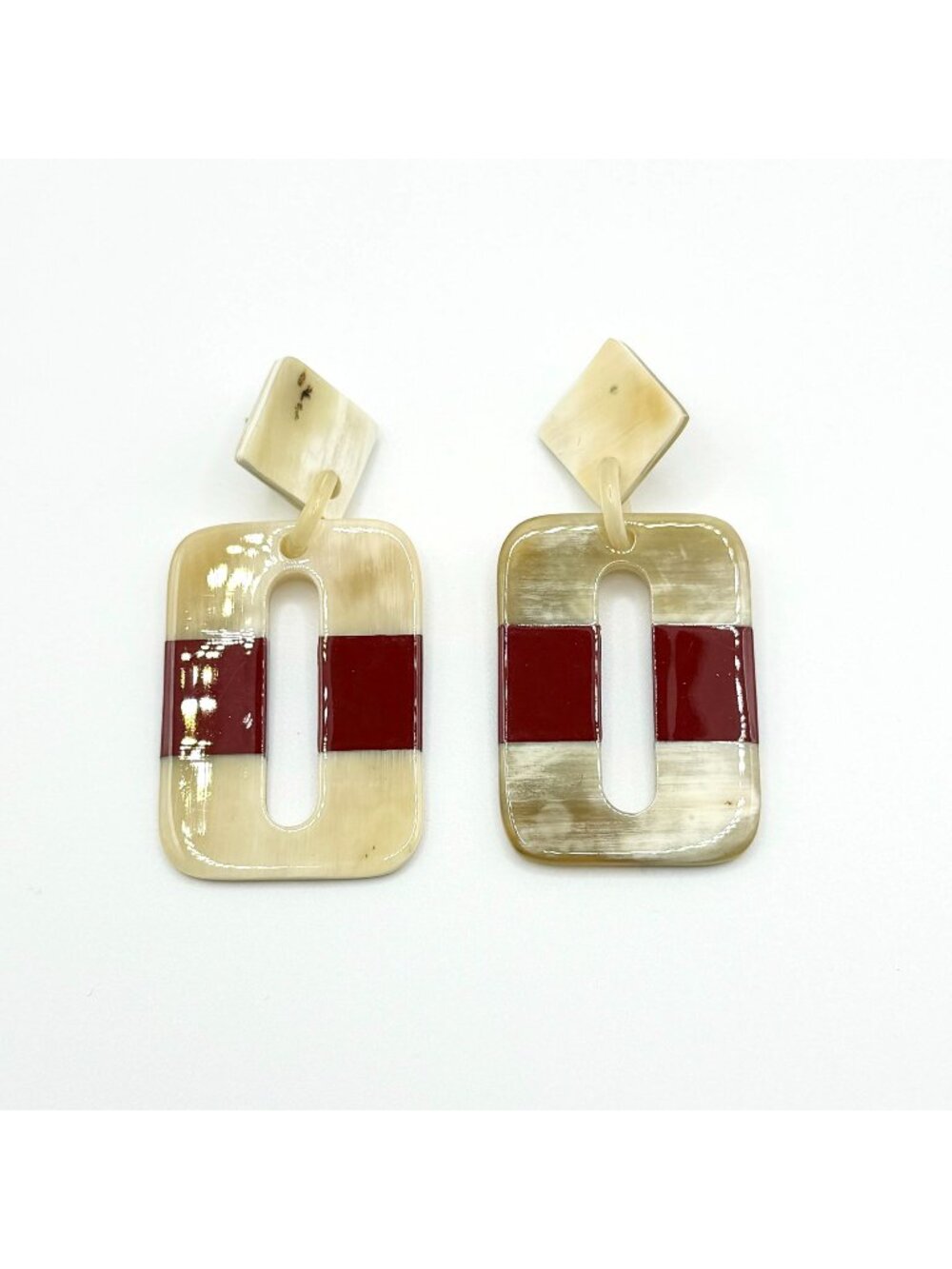 Geometric Red & Beige Resin Earrings With Modern Rectangular Cutout